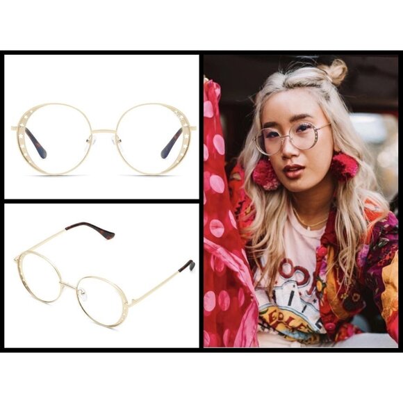 💕QUAY💕 Seeing Stars Sunglasses Gold/Clear Blue Light NWT Gradient Round UV - Picture 2 of 9